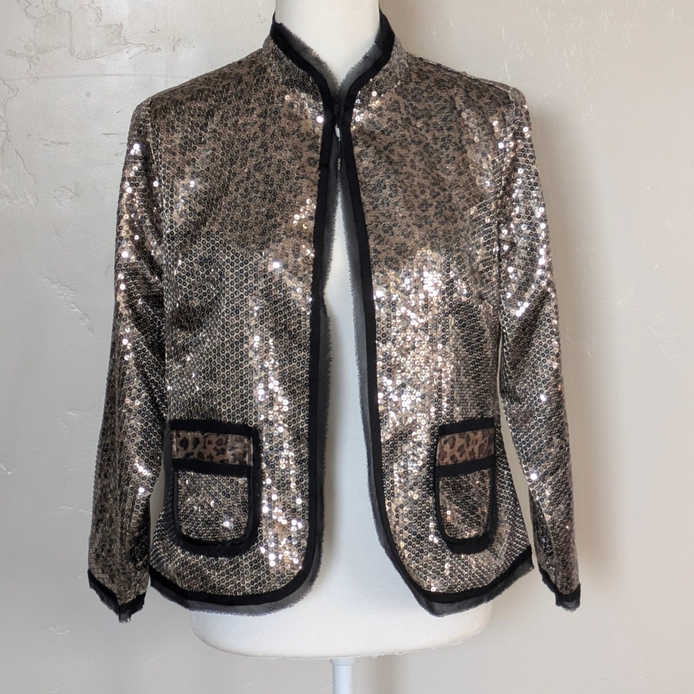 Chicos Jacket Women‎ Small Shyanne Sequin Cheetah Holiday Shiny Black Gold Sz O